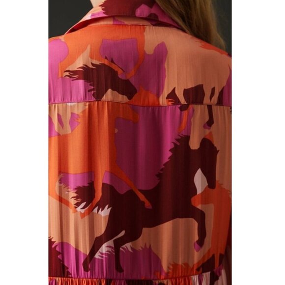 Anthropologie Maeve Horse Print Mini Dress Pink Tiered Long Sleeve Equestrian S - Picture 7 of 14